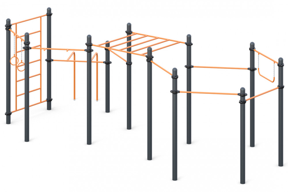 Пять разноуровневых турников, турник хватом "молоток", шведская стенка, рукоход, брусья для отжиманий, гимнастические кольца, гимнастическая перекладина W-03-014