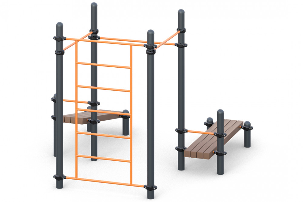 Шведская стенка, три турника классического хвата, две лавки для упражнений на пресс наклонных W-01-009