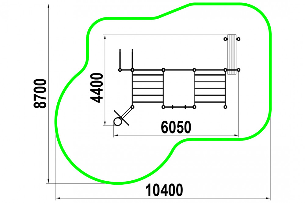 Два рукохода, турник классического хвата, гимнастические кольца, лавка для упражнений на пресс, брусья, баскетбольная стойка W-06-009