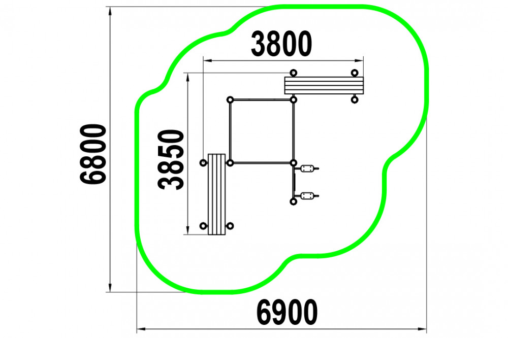 Четыре турника классического хвата, две лавки для упражнений на пресс наклонных, брусья W-02-009