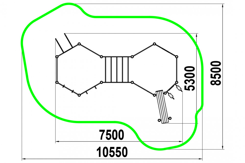 Четыре разноуровневых турника, турник хватом "молоток", шведская стенка, рукоход, брусья для отжиманий, гимнастические кольца, перекладина, вертикальная стойка и наклонная  W-03-015