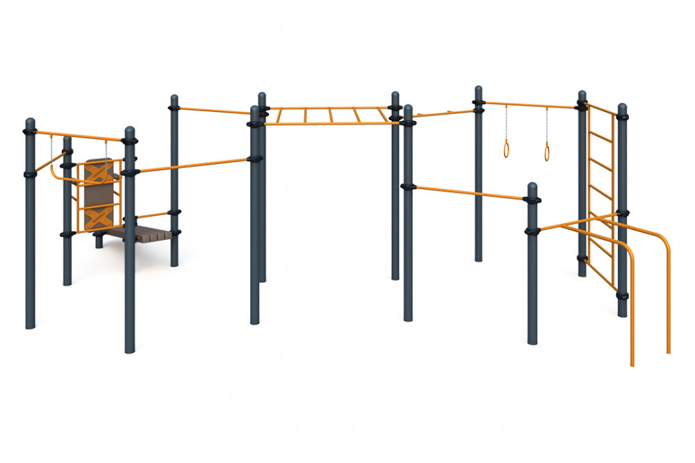 Четыре разноуровневых турника, турник хватом "молоток", шведская стенка, рукоход, брусья для отжиманий, гимнастические кольца, перекладина, вертикальная стойка и наклонная  W-03-015