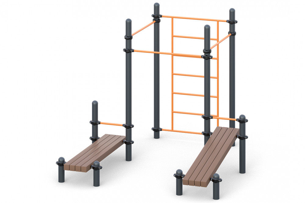 Шведская стенка, три турника классического хвата, две лавки для упражнений на пресс наклонных W-01-009