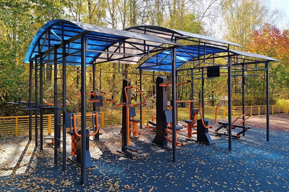 Тренажерная беседка с брусьями из 10 тренажеров на раме (в составе тренажеры ТР-1.61-1.70; ТР- 2.08) ТРК-1.2