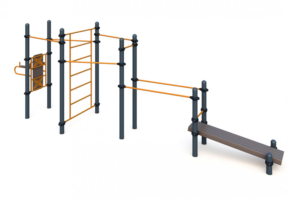 Четыре турника классического хвата, шведская стенка, брусья, лавка для упражнений на пресс наклонная W-02-015