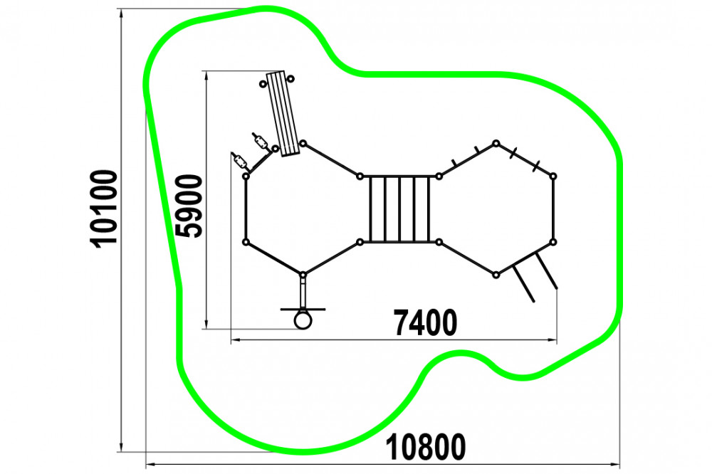 Три разноуровневых турника, турник хватом "молоток", шведская стенка, рукоход, брусья для отжиманий, гимнастические кольца, перекладина, вертикальная стойка и наклонная лав W-06-011