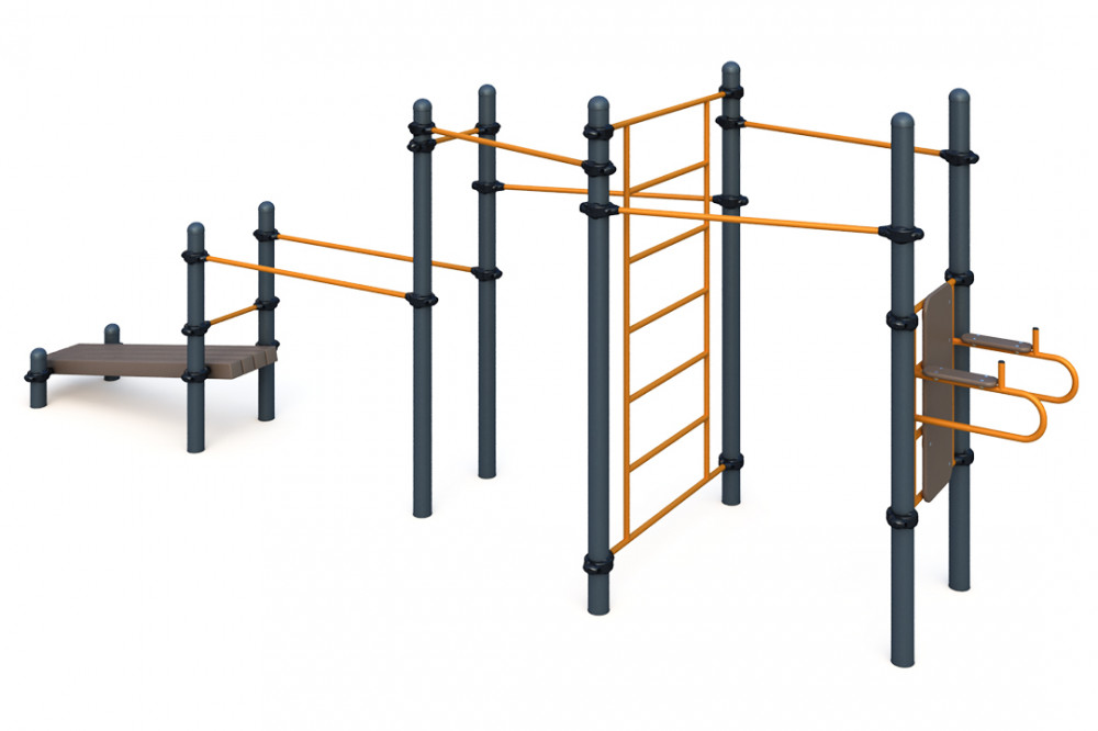 Четыре турника классического хвата, шведская стенка, брусья, лавка для упражнений на пресс наклонная W-02-015