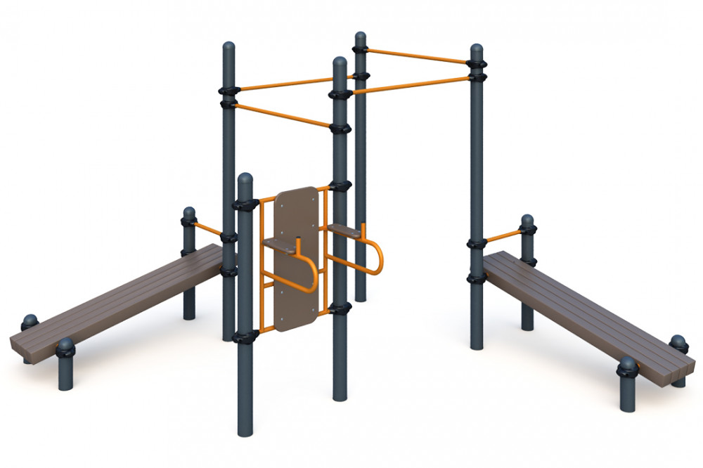 Четыре турника классического хвата, две лавки для упражнений на пресс наклонных, брусья W-02-009