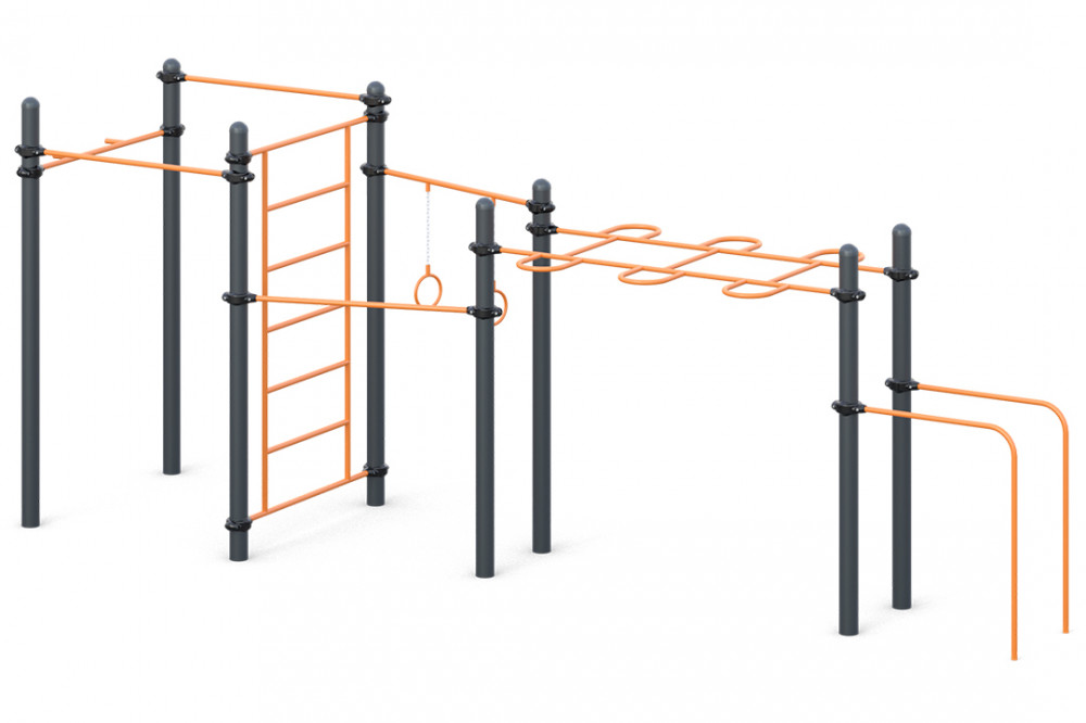 Три разноуровневых турника, брусья для отжиманий, комбинированный рукоход, шведская стенка, гимнастические кольца и турник для подтягивания хватом "молоток" W-02-018