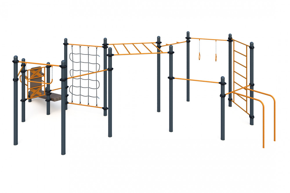 Три разноуровневых турника, турник хватом "молоток", шведская стенка, рукоход, брусья для отжиманий, гимнастические кольца, гимнастическая перекладина, вертикальная стойка  W-03-016