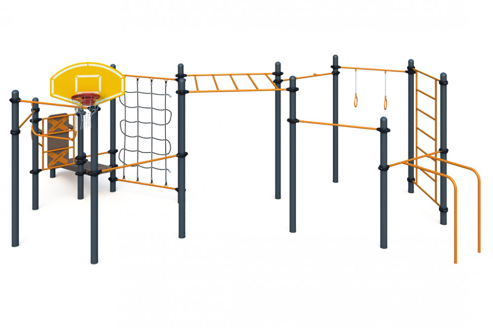 Три разноуровневых турника, турник хватом "молоток", шведская стенка, рукоход, брусья для отжиманий, гимнастические кольца, перекладина, вертикальная стойка и наклонная лав W-06-011