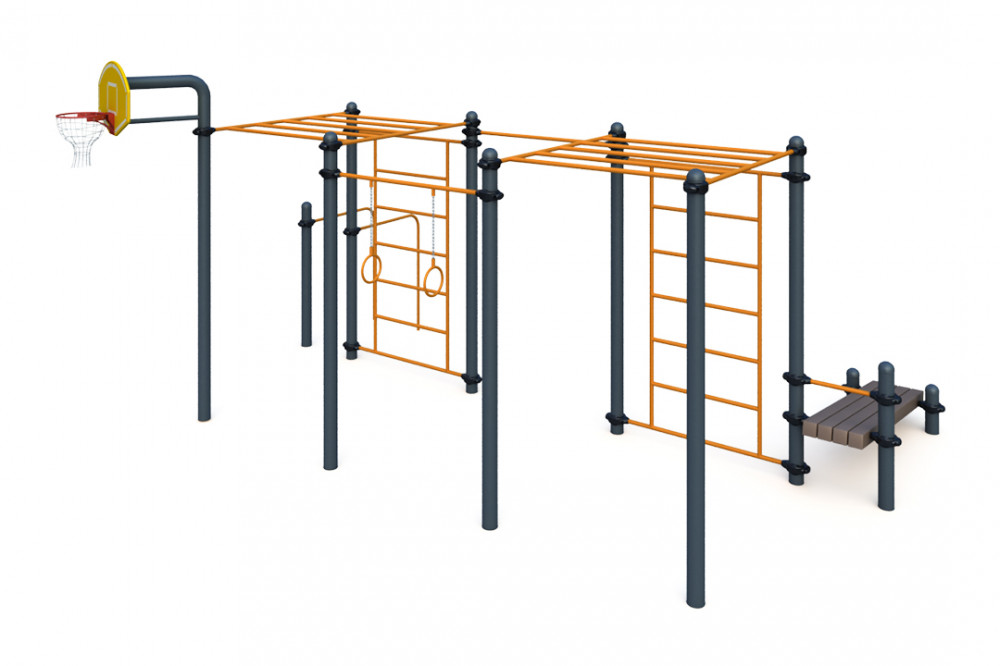 Два рукохода, турник классического хвата, гимнастические кольца, лавка для упражнений на пресс, брусья, баскетбольная стойка W-06-009