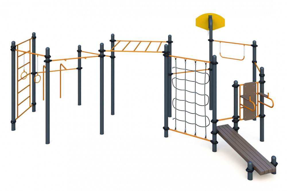 Три разноуровневых турника, турник хватом "молоток", шведская стенка, рукоход, брусья для отжиманий, гимнастические кольца, перекладина, вертикальная стойка и наклонная лав W-06-011