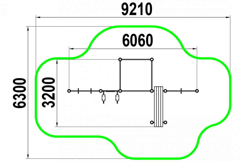 Гимнастические кольца, три турника классического хвата, канат, шведская стенка, брусья, лавка для упражнения на пресс наклонная W-01-010