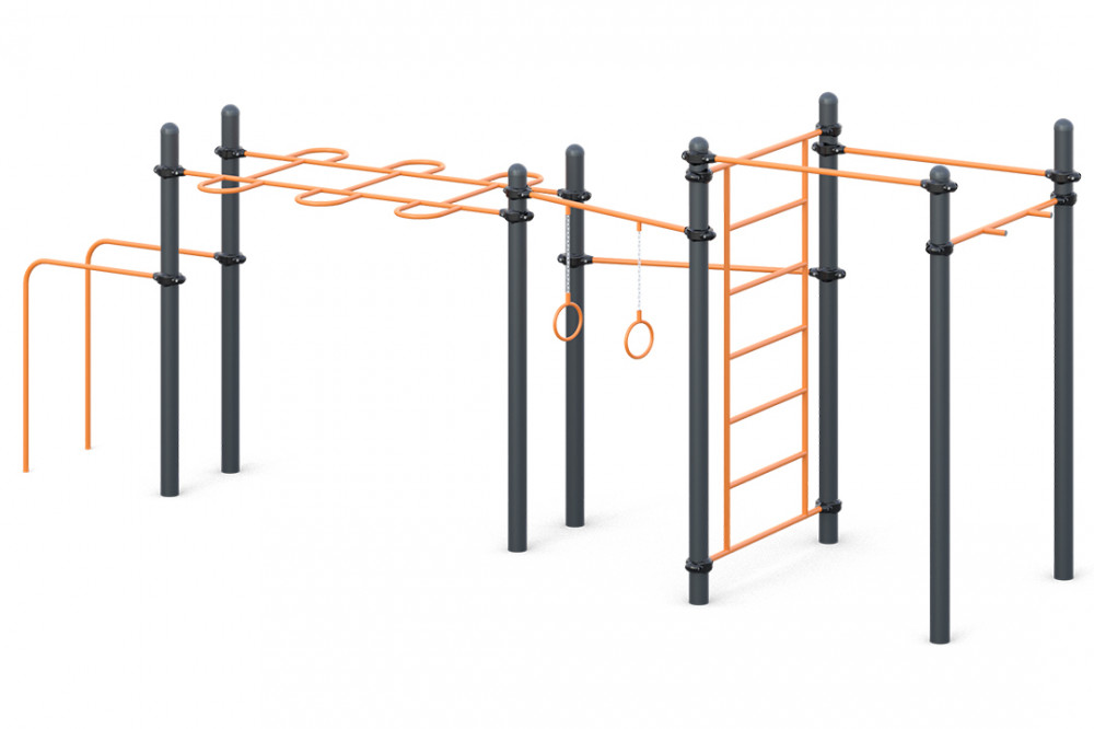 Три разноуровневых турника, брусья для отжиманий, комбинированный рукоход, шведская стенка, гимнастические кольца и турник для подтягивания хватом "молоток" W-02-018