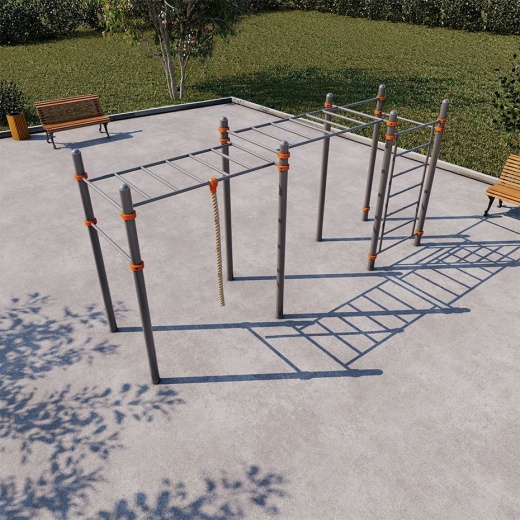 Рукоход двухуровневый с лестницей и двумя турниками СВС-66 (с канатом)