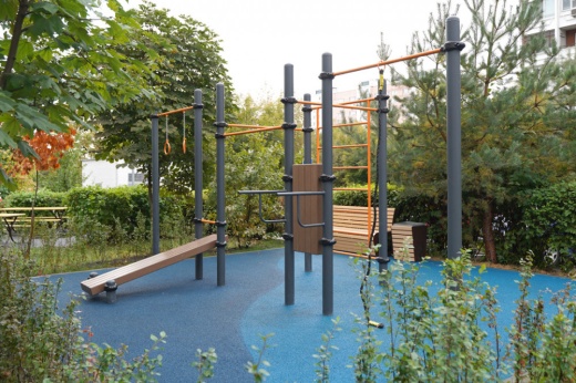 Гимнастические кольца, три турника классического хвата, канат, шведская стенка, брусья, лавка для упражнения на пресс наклонная W-01-010