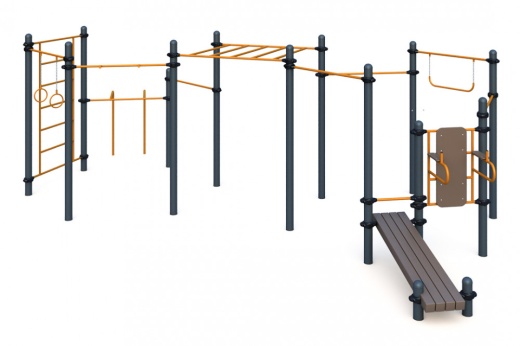 Четыре разноуровневых турника, турник хватом "молоток", шведская стенка, рукоход, брусья для отжиманий, гимнастические кольца, перекладина, вертикальная стойка и наклонная  W-03-015