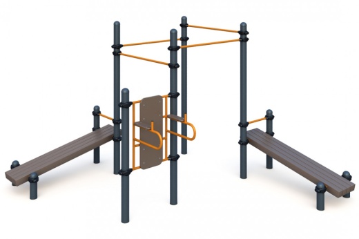 Четыре турника классического хвата, две лавки для упражнений на пресс наклонных, брусья W-02-009