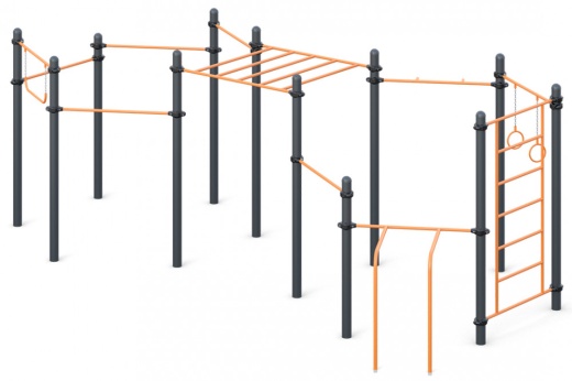 Пять разноуровневых турников, турник хватом "молоток", шведская стенка, рукоход, брусья для отжиманий, гимнастические кольца, гимнастическая перекладина W-03-014