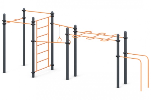 Три разноуровневых турника, брусья для отжиманий, комбинированный рукоход, шведская стенка, гимнастические кольца и турник для подтягивания хватом "молоток" W-02-018