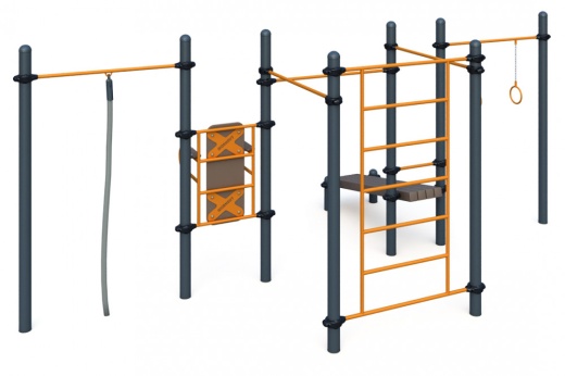 Гимнастические кольца, три турника классического хвата, канат, шведская стенка, брусья, лавка для упражнения на пресс наклонная W-01-010