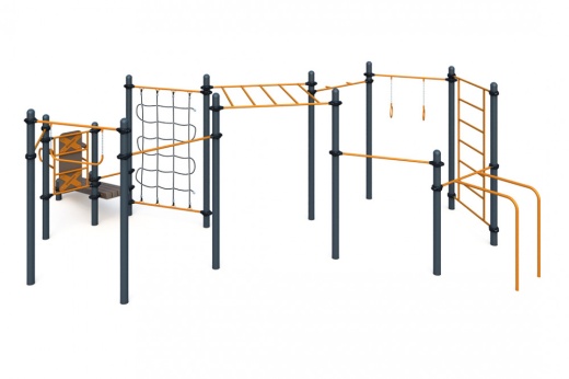Три разноуровневых турника, турник хватом "молоток", шведская стенка, рукоход, брусья для отжиманий, гимнастические кольца, гимнастическая перекладина, вертикальная стойка  W-03-016