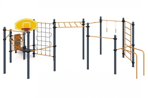 Три разноуровневых турника, турник хватом "молоток", шведская стенка, рукоход, брусья для отжиманий, гимнастические кольца, перекладина, вертикальная стойка и наклонная лав W-06-011