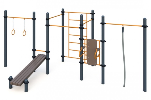 Гимнастические кольца, три турника классического хвата, канат, шведская стенка, брусья, лавка для упражнения на пресс наклонная W-01-010