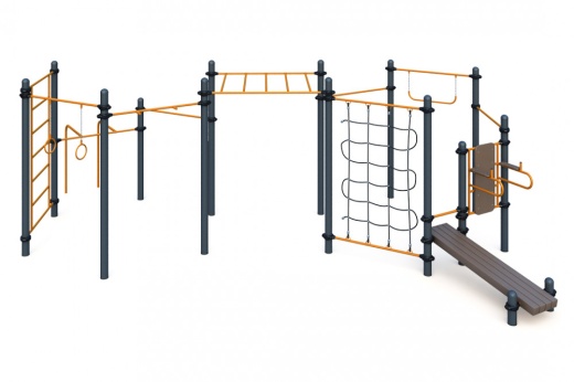 Три разноуровневых турника, турник хватом "молоток", шведская стенка, рукоход, брусья для отжиманий, гимнастические кольца, гимнастическая перекладина, вертикальная стойка  W-03-016