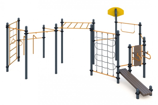 Три разноуровневых турника, турник хватом "молоток", шведская стенка, рукоход, брусья для отжиманий, гимнастические кольца, перекладина, вертикальная стойка и наклонная лав W-06-011
