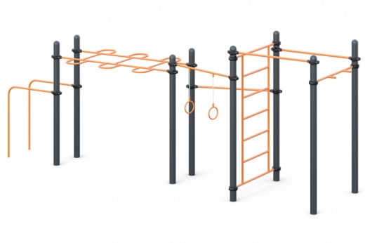 Три разноуровневых турника, брусья для отжиманий, комбинированный рукоход, шведская стенка, гимнастические кольца и турник для подтягивания хватом "молоток" W-02-018